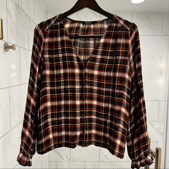 Madewell Gwen Plaid Ruffle Sleeve V-Neck Blouse Faded Rust M NWOT - Picture 5 of 13